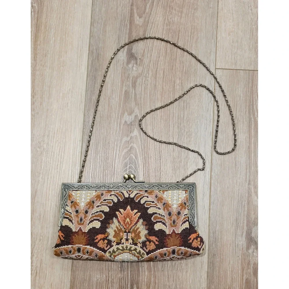 Tapestry Clutch Women OS Brown Excellent Vintage Floral Kiss-Lock Evening Purse